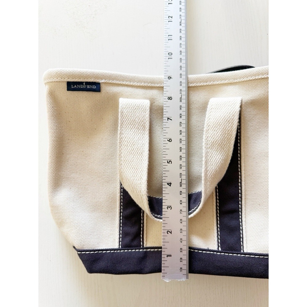 Land's End Small Canvas Tote Bag. White With Blue Stripes. 9" Tall. - Picture 6 of 11